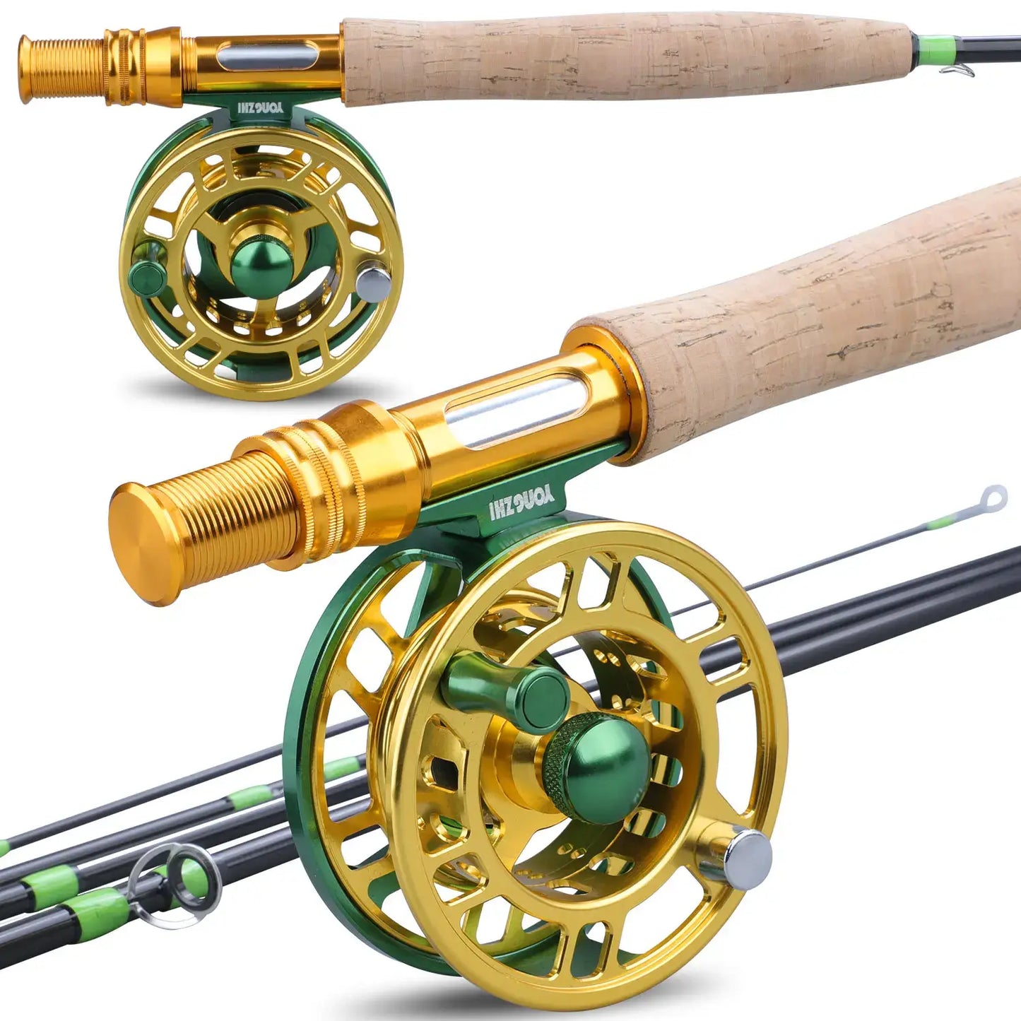Sougayilang fly fishing rod and reel full kit featuring a 5-section carbon rod and high-quality gold and green reel.