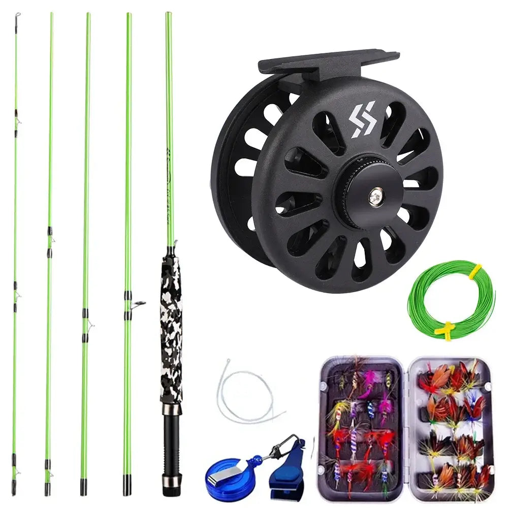 Sougayilang full fly fishing rod and reel kit featuring carbon rod, reel, line, and assorted flies for lake and stream fishing.
