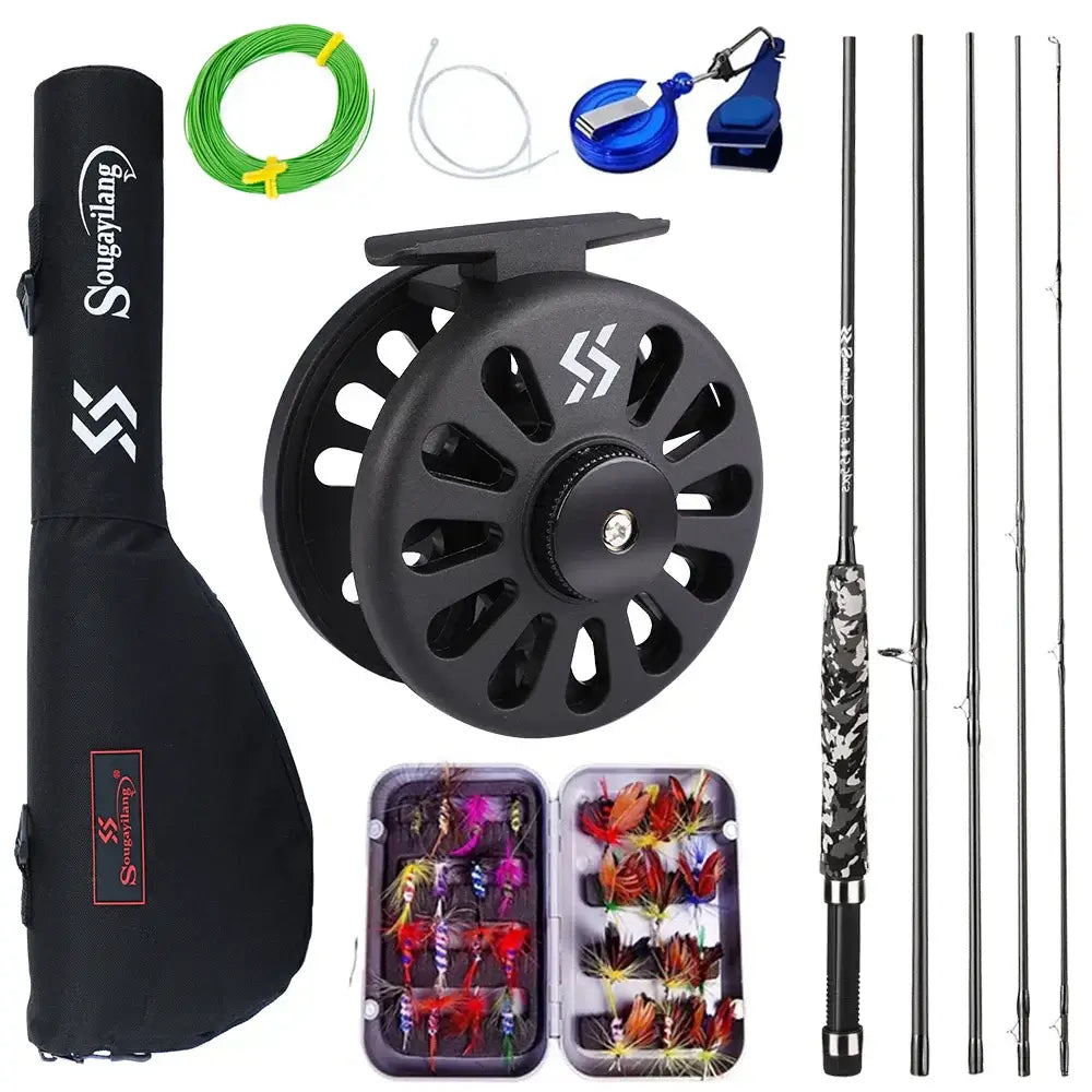 Sougayilang fly fishing rod and reel kit including rod, reel, tackle, and accessories.