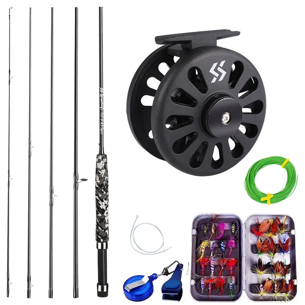 Sougayilang Fly Fishing Rod and Reel Kit with 5 sections, 5/6 reel, fishing line, and lure set for lake and river fishing.