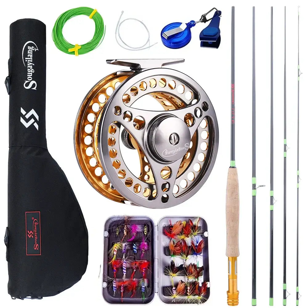 Sougayilang fly fishing rod and reel kit with tackle box, line, and accessories for lake and river fishing.