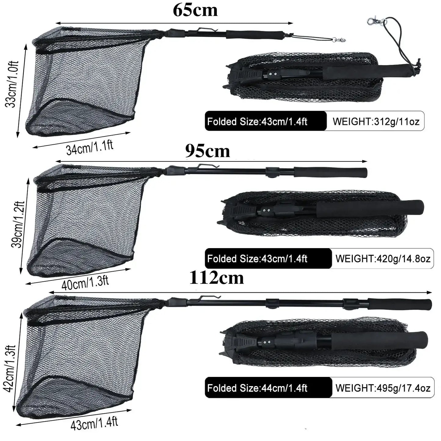 Sougayilang folding fishing net sizes: 65cm, 95cm, and 112cm with weights and folded dimensions for easy transport.