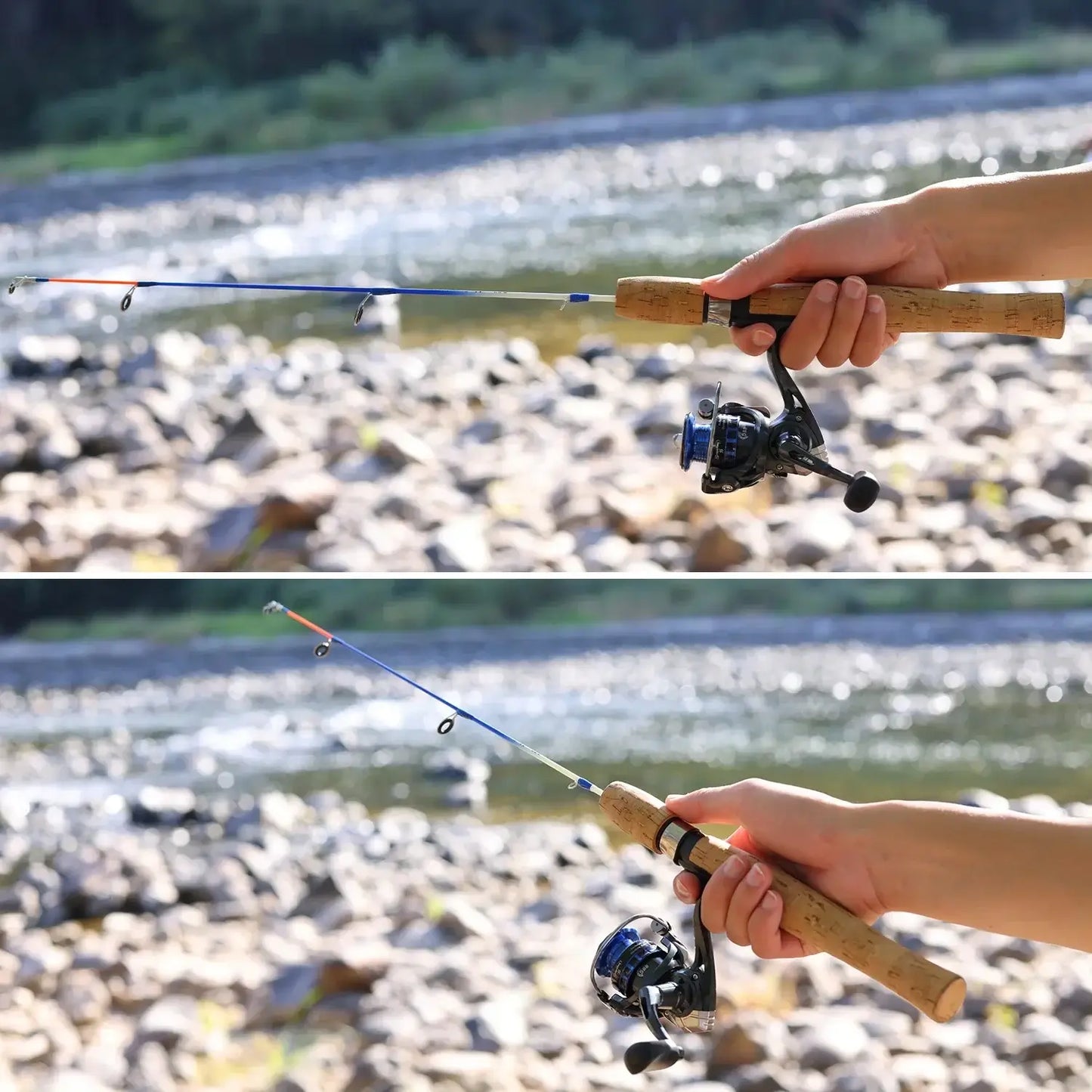 Sougayilang ultralight ice fishing rod combo with cork handle, demonstrating portability and sensitivity in winter conditions.