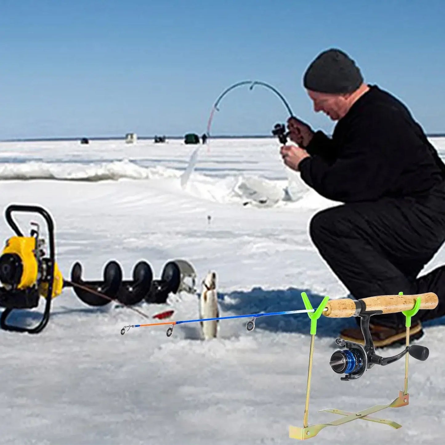 Ice fishing scene showing a man using a Sougayilang portable rod combo with an auger on a frozen lake.