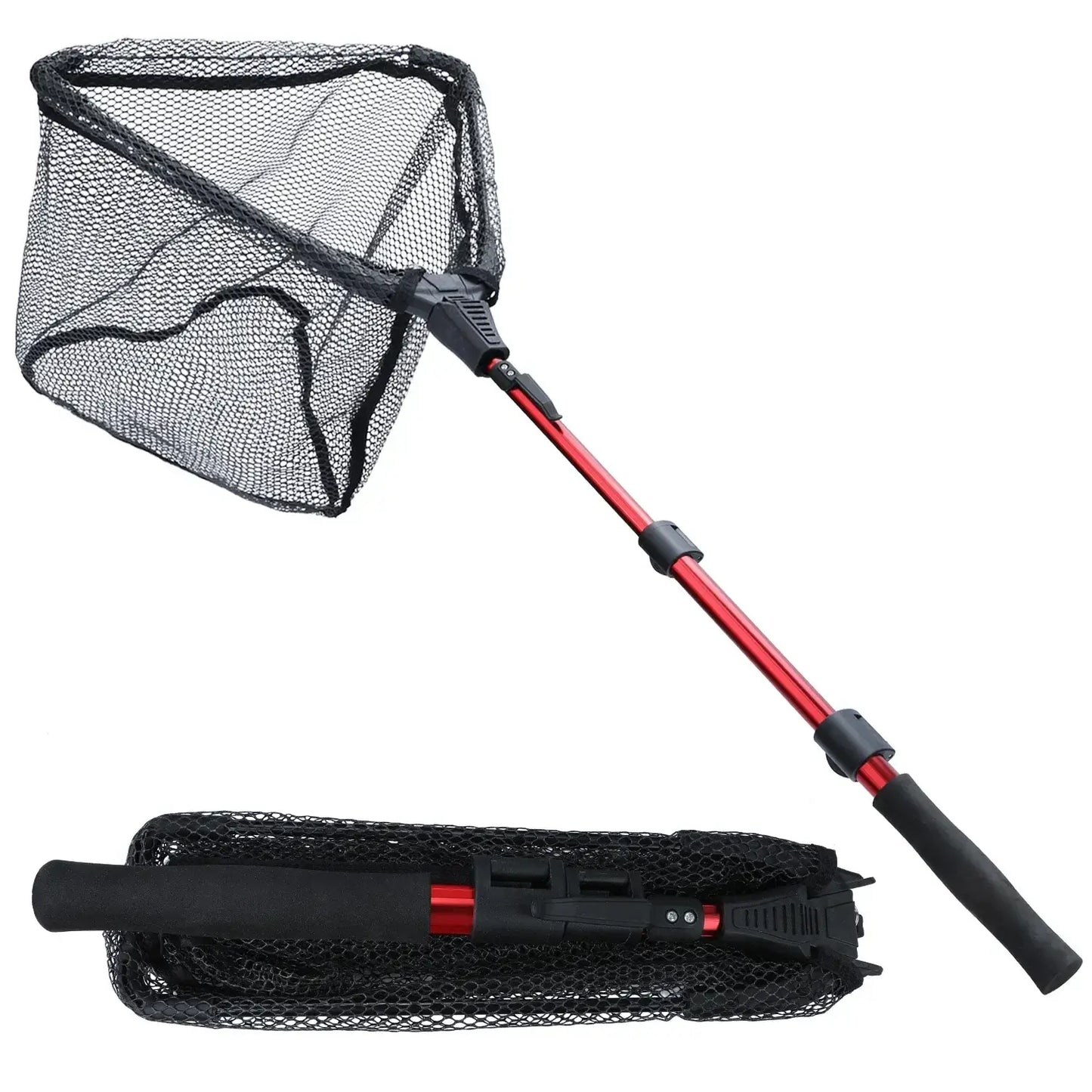 Sougayilang telescopic fishing landing net, foldable design, adjustable 65-112cm handle, durable netting for easy fish scoop.