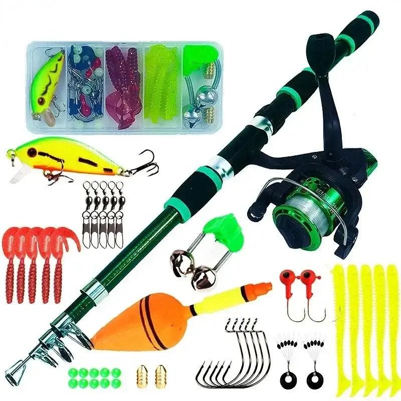 Spinning fishing rod and reel combo with various bait and tackle accessories, perfect for rivers and lakes fishing.
