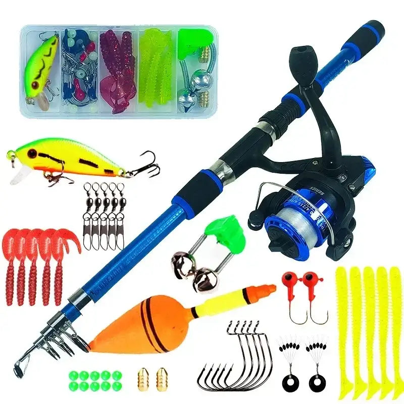 Spinning fishing rod and reel combo with lures, hooks, and tackle for fishing in rivers and lakes, all-in-one kit.