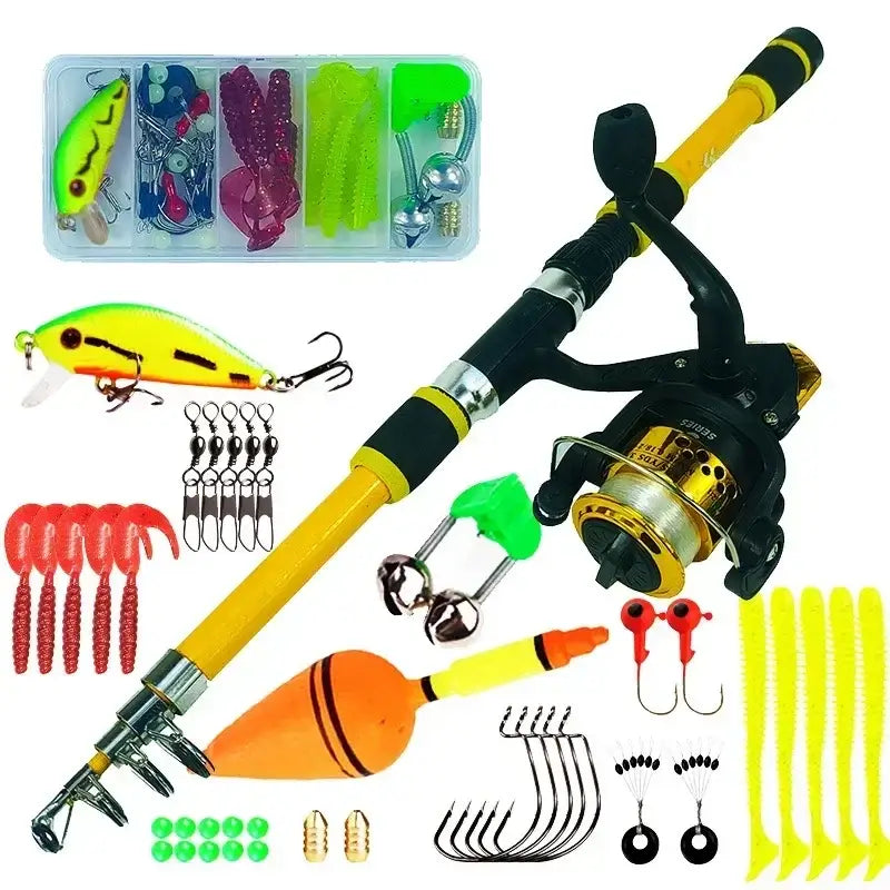 Spinning fishing rod and reel combo with tackle kit, lures, and accessories for versatile fishing.