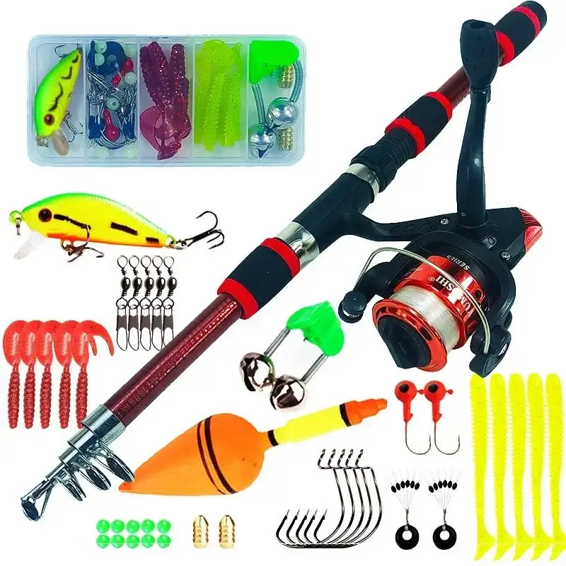 Spinning fishing rod and reel combo with tackle box, lures, and accessories for freshwater fishing.