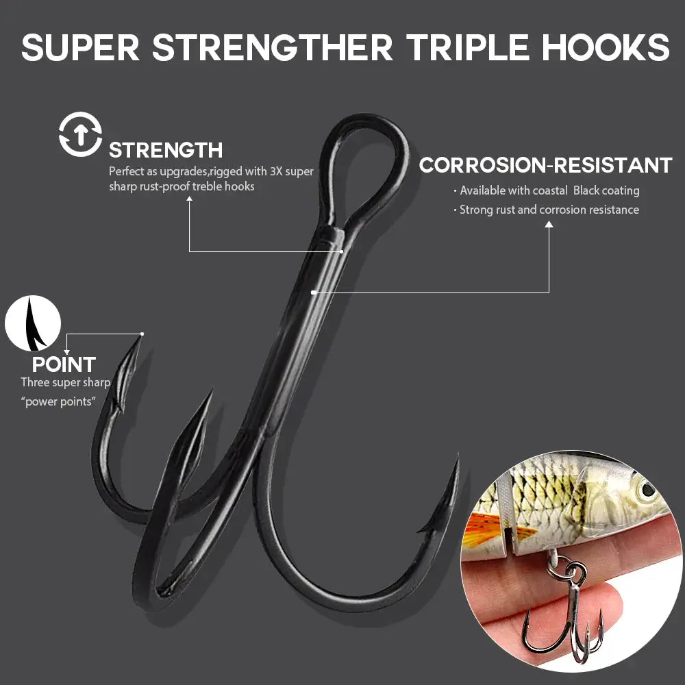 Super strength triple hooks with corrosion-resistant coating, featuring sharp points for effective fishing.