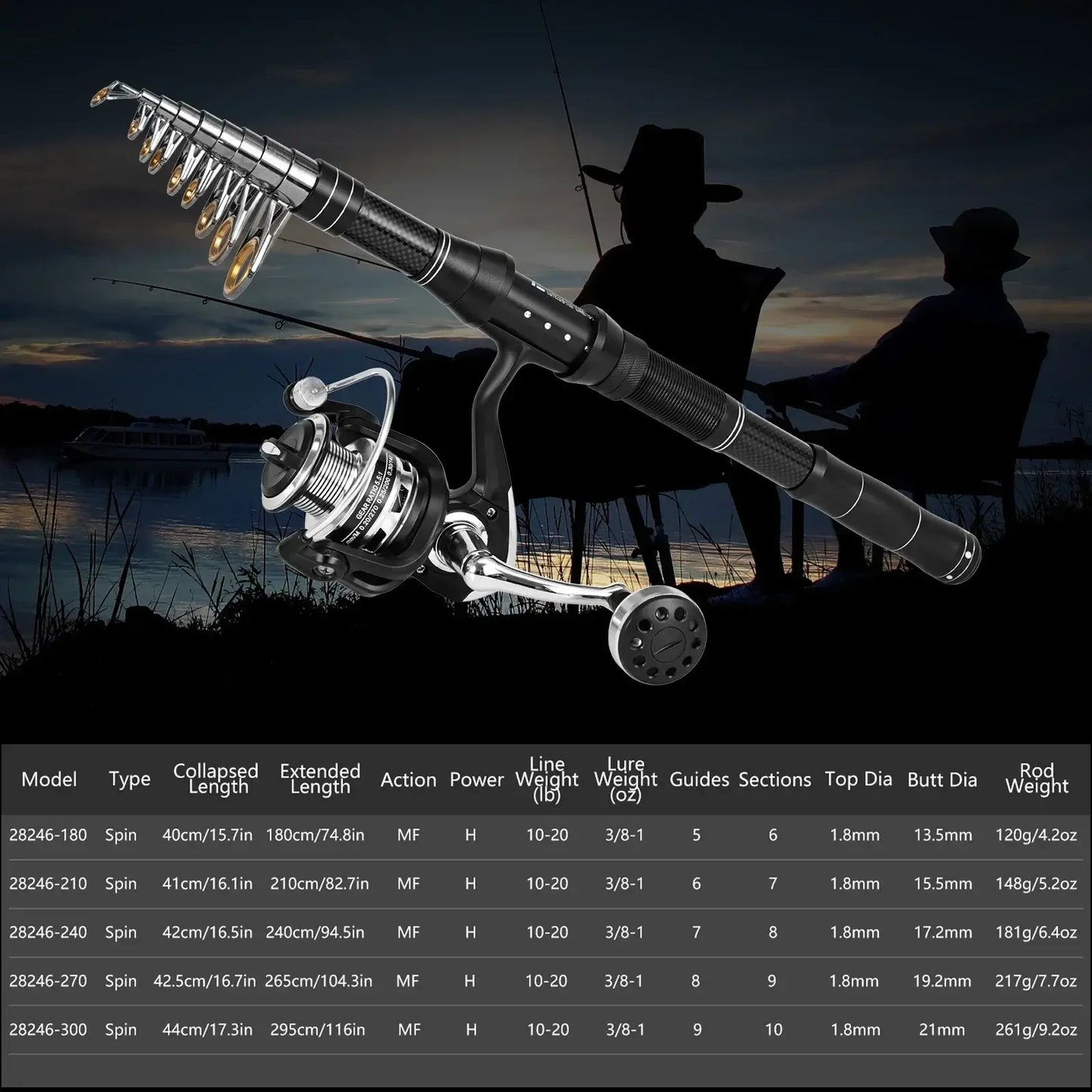 Telescopic fishing rod and reel combo with spinning reel, ideal for various fishing environments including ocean and lake.
