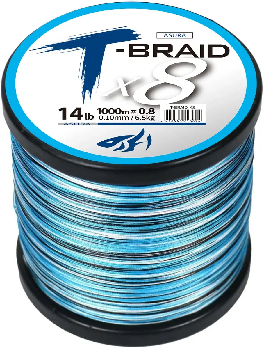 T-Braid X8 fishing line spool, 1000m, 14lb, blue braided multifilament PE line for strong performance.