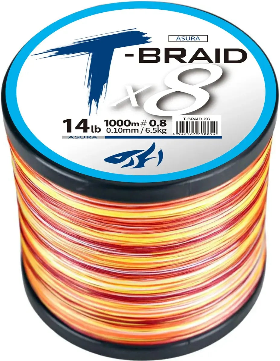 Asura T-Braid X8 Fishing Line 1000m spool in vibrant colors, designed for strength and durability in fishing.