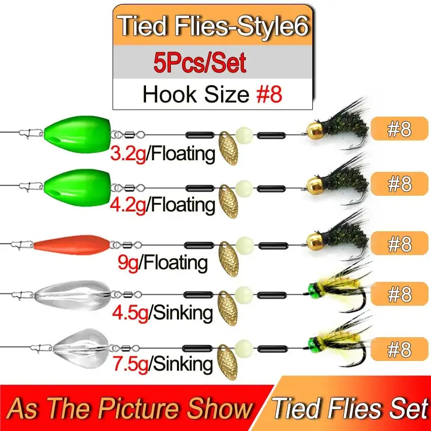 Ready Tied Flies Set with various weights and sizes for trout fishing, including floating and sinking options in vibrant colors.