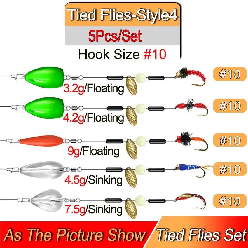 Ready tied flies set with spinners and hooks, including various weights and floating/sinking options for trout fishing.
