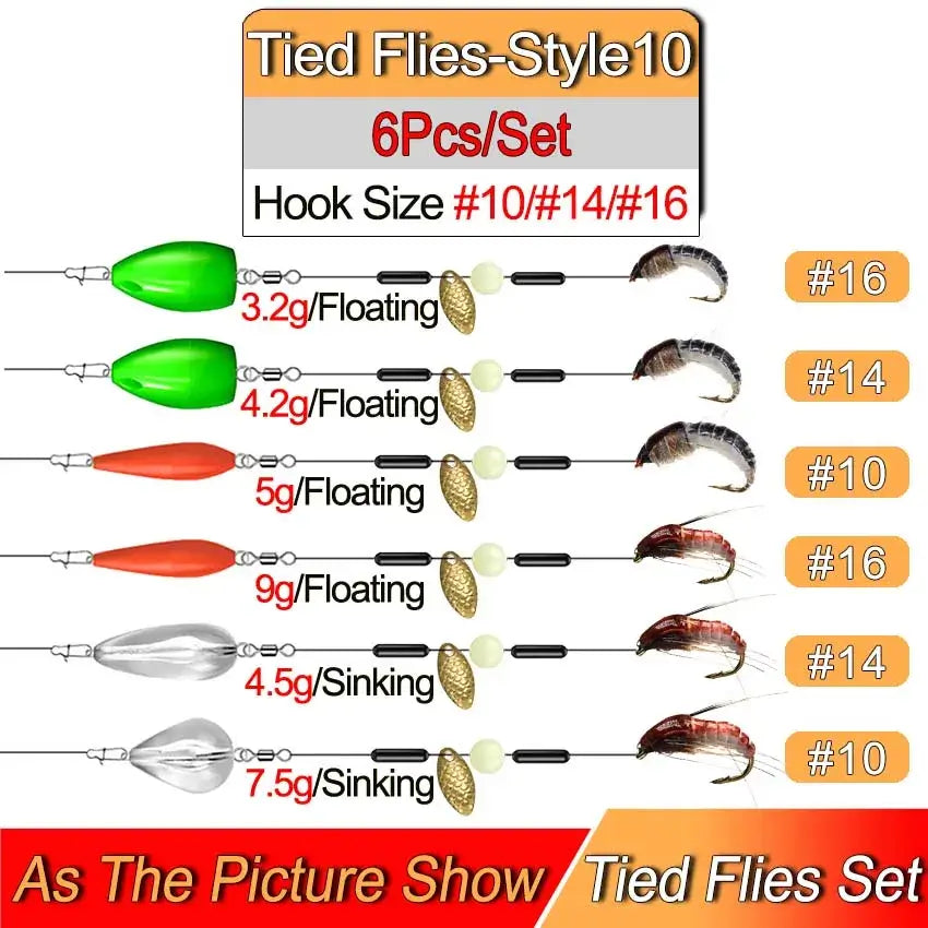Ready Tied Flies Set showcasing 6 pieces in various hook sizes #10, #14, #16 with floating and sinking options for trout fishing.