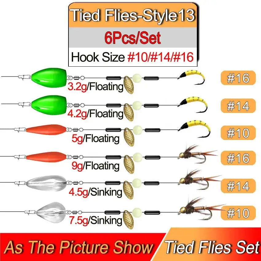 Tied flies set with 6 pieces, featuring various weights and hook sizes for effective trout fishing.