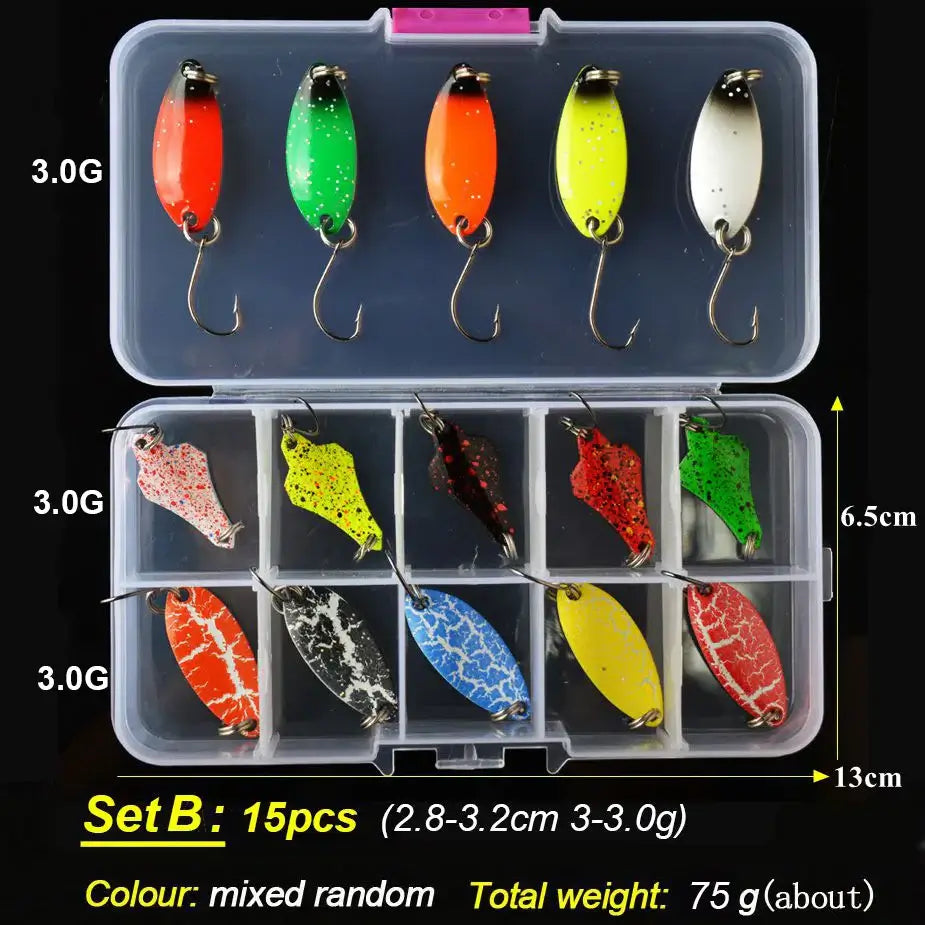 TOMA Trout Spoon Lure Set B with 15 mixed colored metal baits, weight 75g, ideal for freshwater fishing.