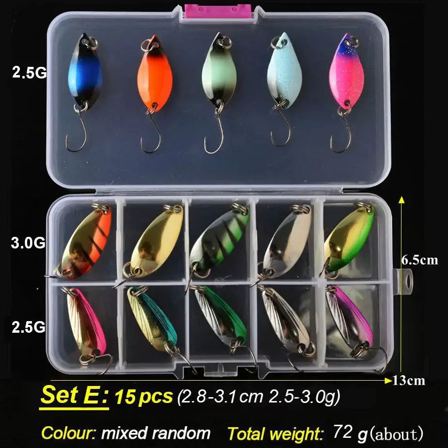 TOMA Trout Spoon Lure Set with 15 metal baits in mixed colors, suitable for freshwater and lake fishing.