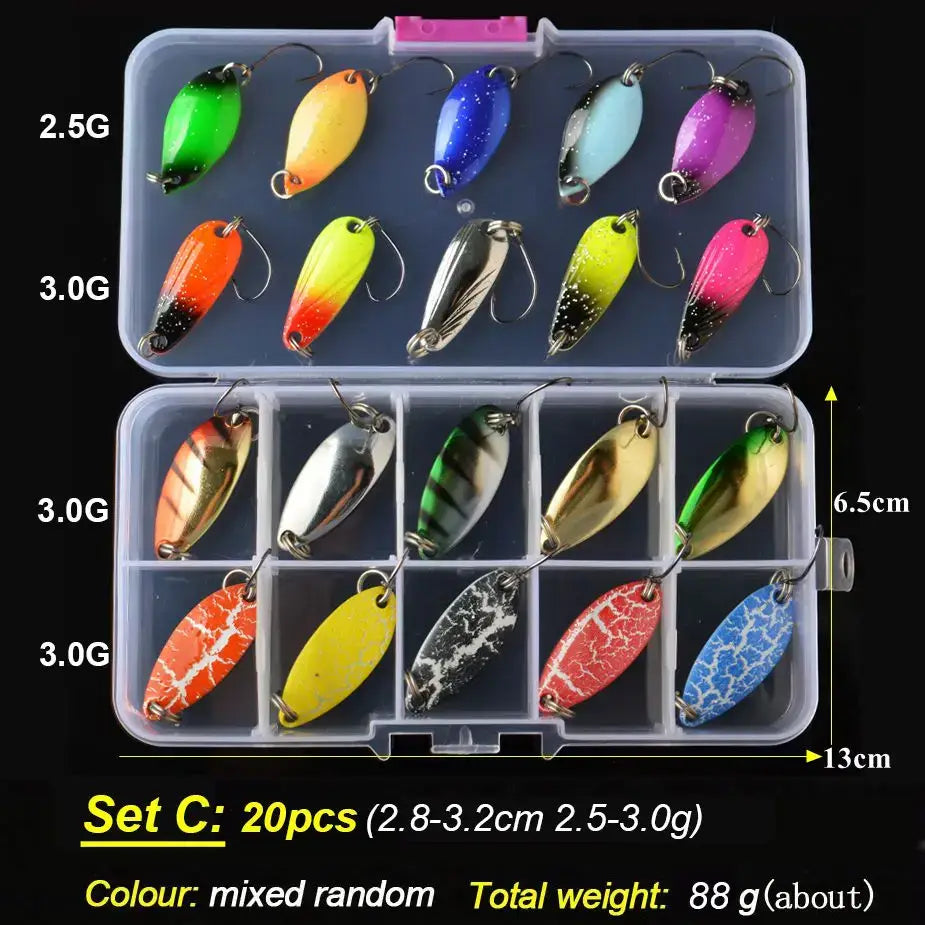 TOMA Trout Spoon Lure Set with 20 pieces in mixed colors, weights 2.5g to 3g, ideal for freshwater fishing tackle.