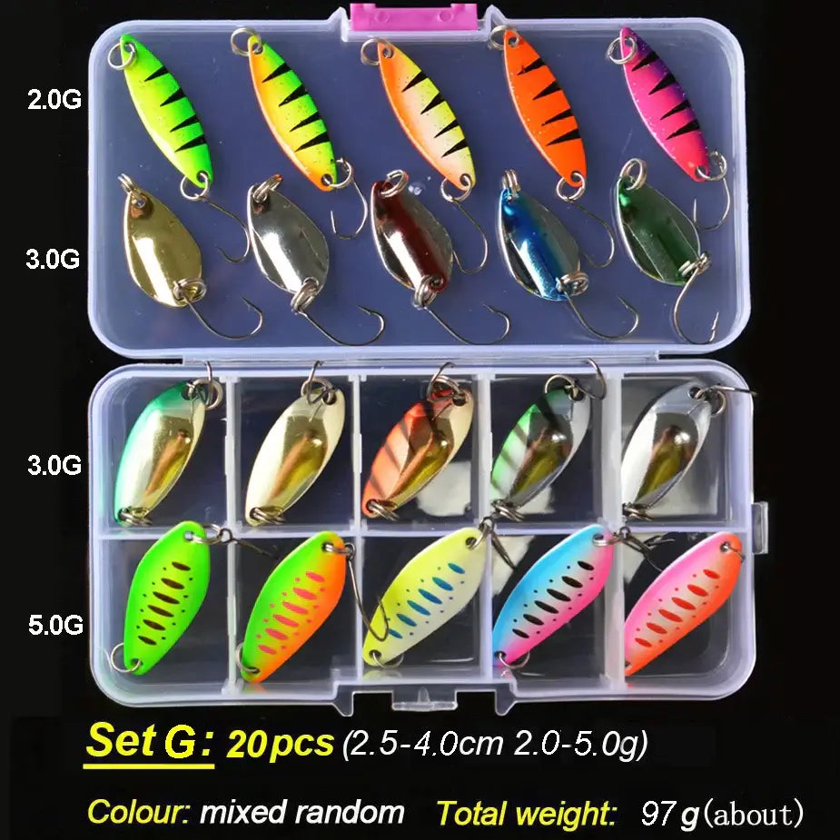 TOMA Trout Spoon Lure Set in assorted colors, weights 2.5g to 5g, ideal for freshwater fishing, displayed in a clear storage box.
