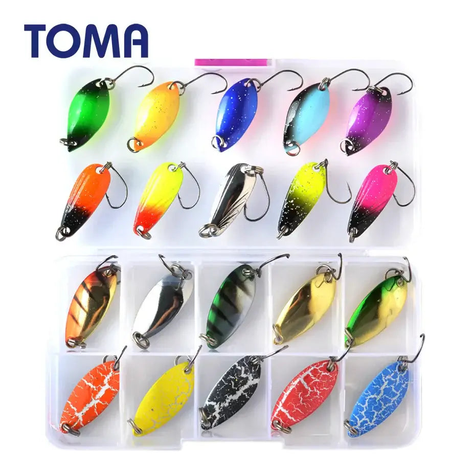 TOMA Trout Spoon Lure Set featuring mixed colors and weights in a compact tackle box for freshwater fishing.