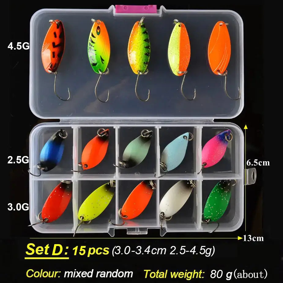 TOMA Trout Spoon Lure Set in a clear box, featuring 15 mixed-color metal baits, ideal for freshwater fishing, weights 80g.