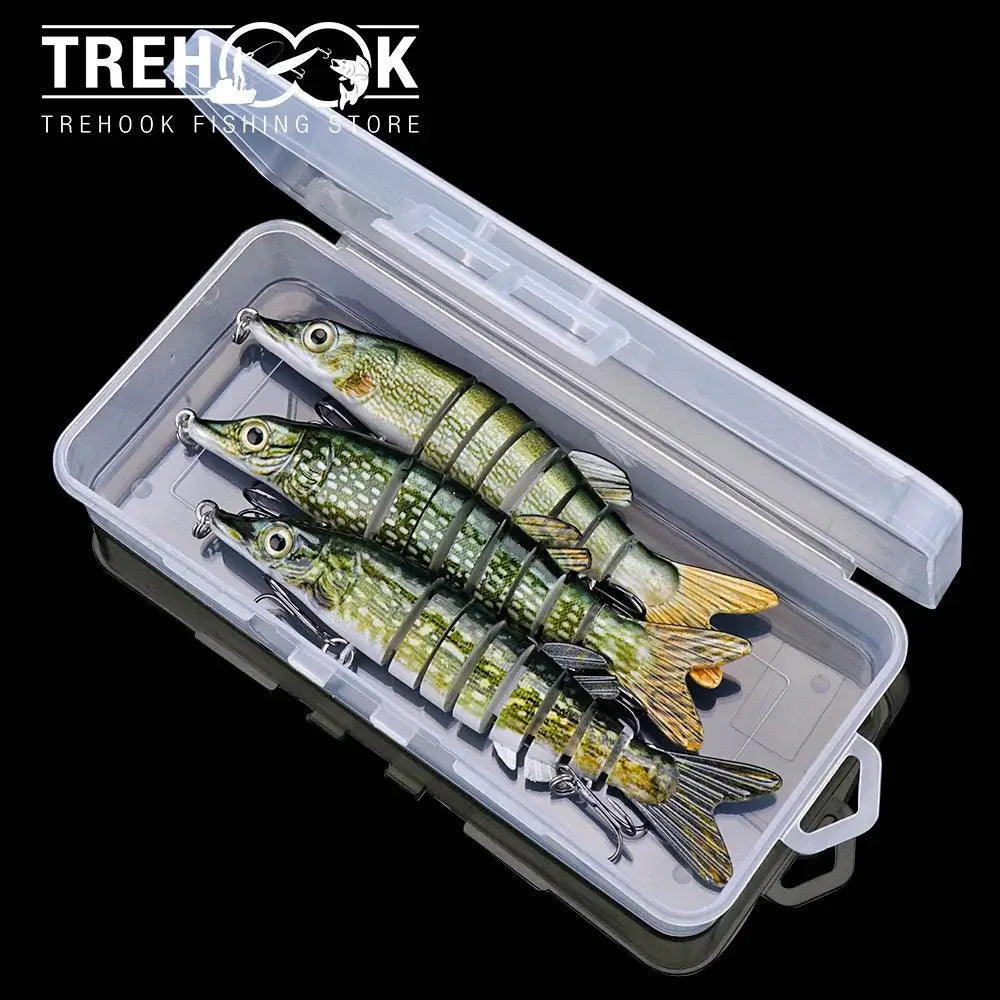 TREHOOK lifelike pike wobblers set in a transparent tackle box for pike fishing.