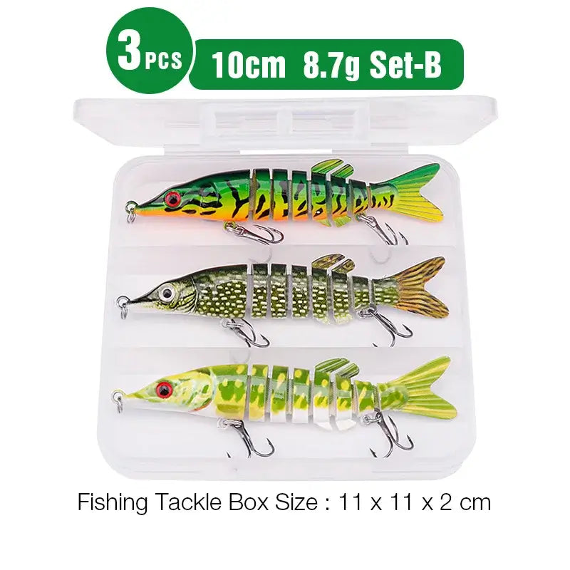 Set of 3 lifelike 10cm pike wobblers in tackle box, ideal for pike fishing with vibrant colors and realistic designs.
