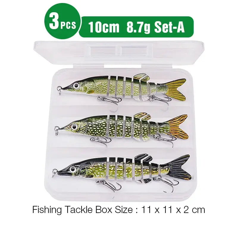 Set of 3 pike wobblers in tackle box, 10cm length, 8.7g weight each, perfect for pike fishing tackle.