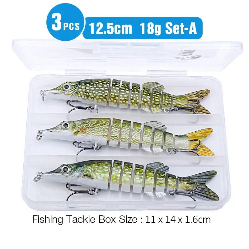 TREHOOK 3pcs lifelike pike wobblers in tackle box, 12.5cm, 18g, jointed artificial bait for pike fishing.