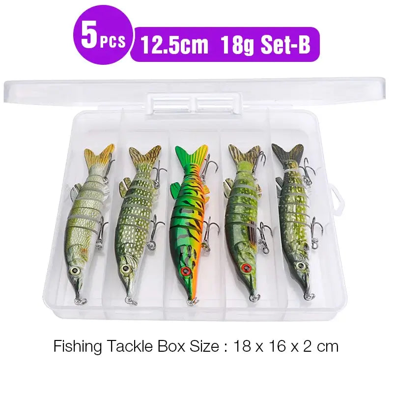 Set of 5 lifelike pike wobblers, 12.5cm, 18g, in tackle box for effective pike fishing.