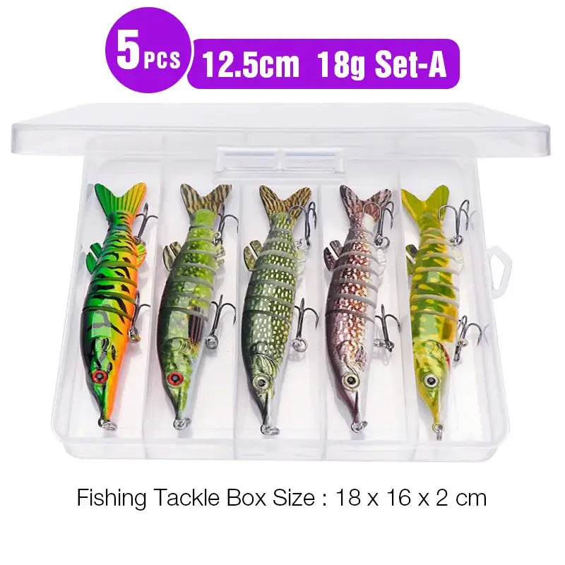 Set of 5 lifelike 12.5cm pike wobblers in a tackle box, designed for effective pike fishing.