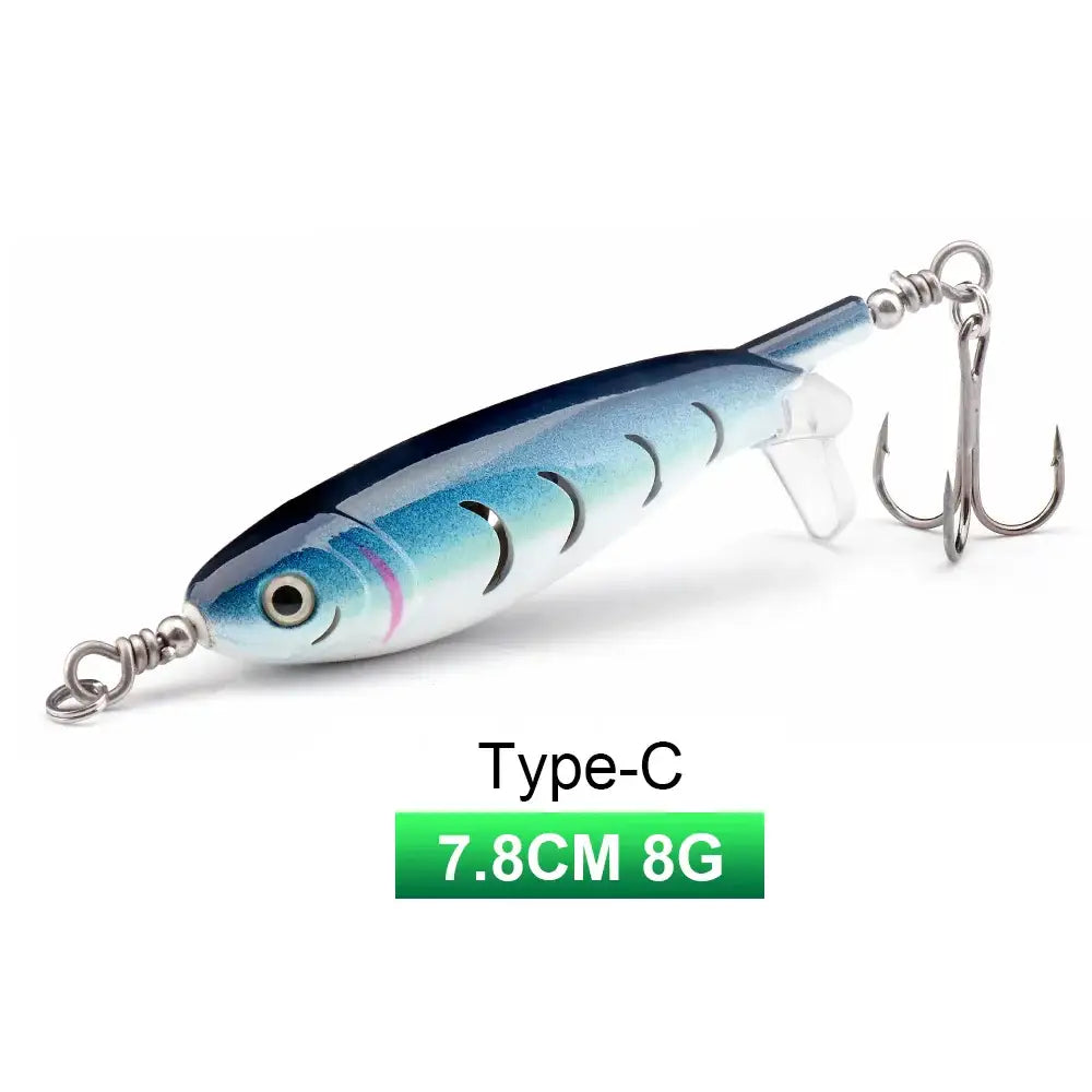 TREHOOK Type-C 8g topwater fishing lure, 7.8cm long, with realistic fish design and treble hook.