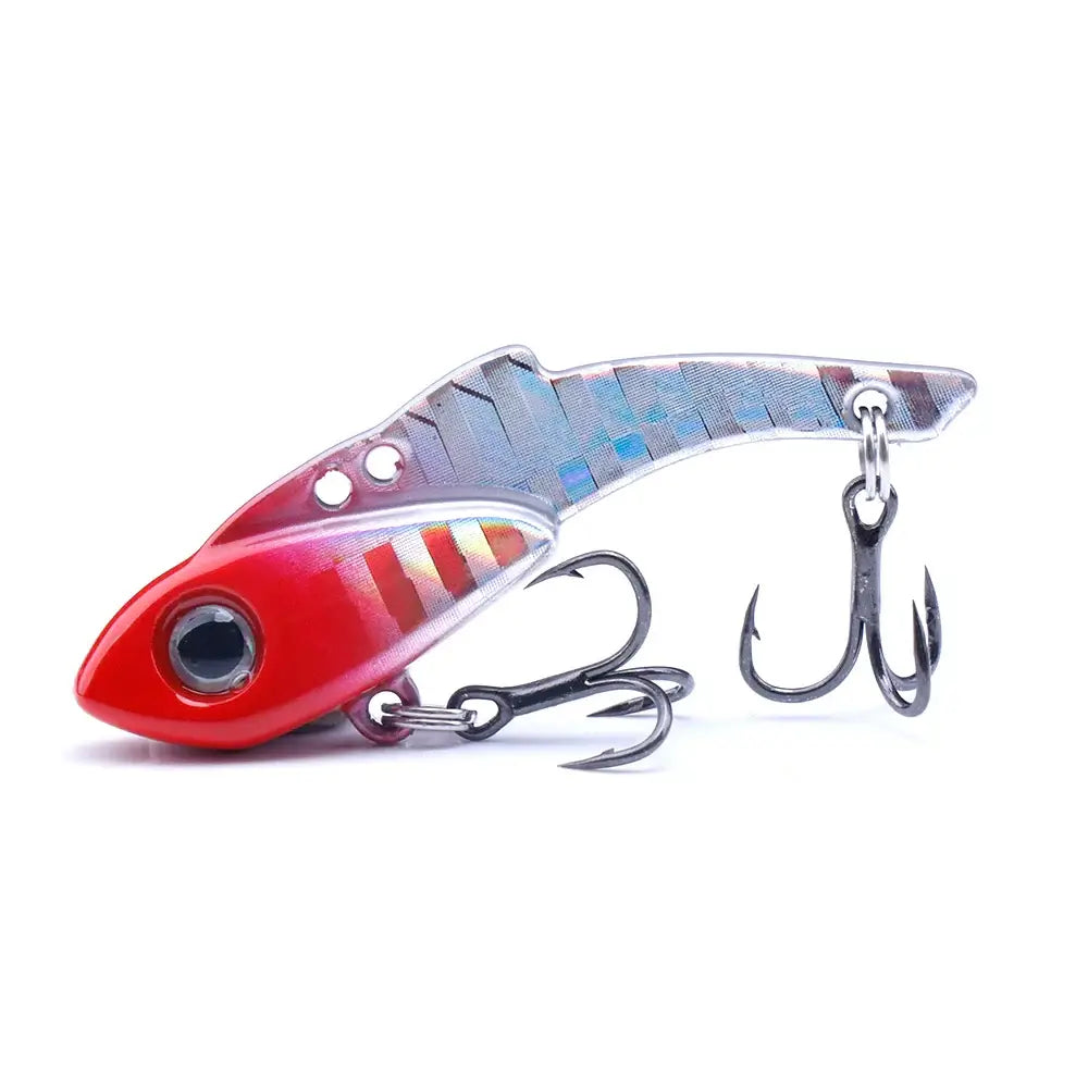TREHOOK VIB Wobbler Fishing Lure in red and silver with treble hook for enhanced fishing performance.