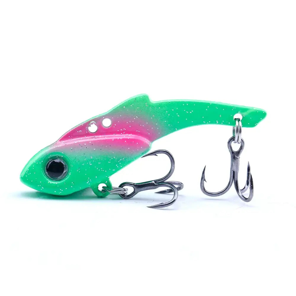 TREHOOK VIB Wobbler Fishing Lure in green with pink accents and treble hook, designed for effective vibration and depth action.