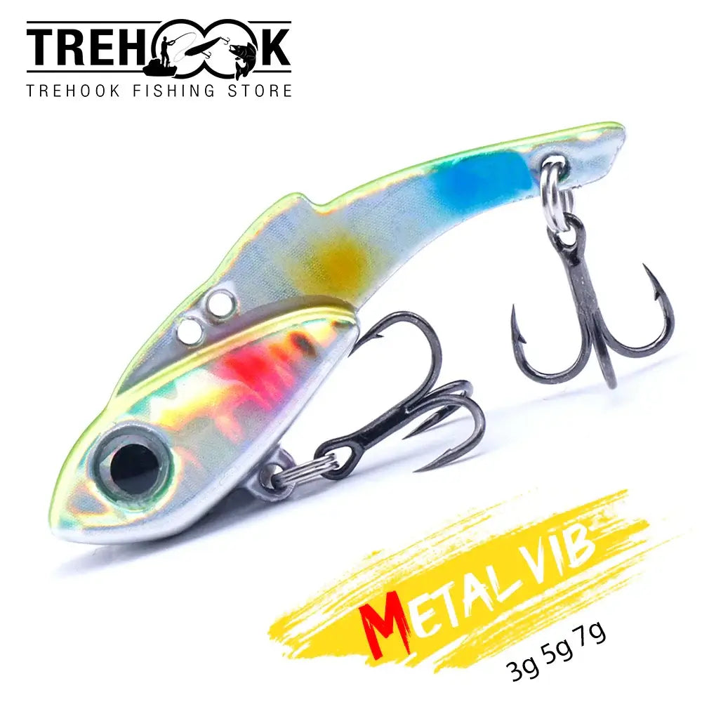 TREHOOK VIB Wobbler Fishing Lure in metallic finish, available in 3.5g, 5g, 7g, designed for optimal vibration and swimming action.