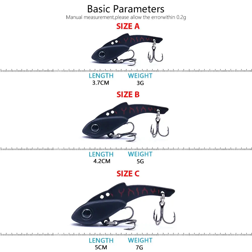 TREHOOK VIB Wobbler sizes comparison: 3g, 5g, 7g metal jig with treble hooks and unique blade design for fishing.