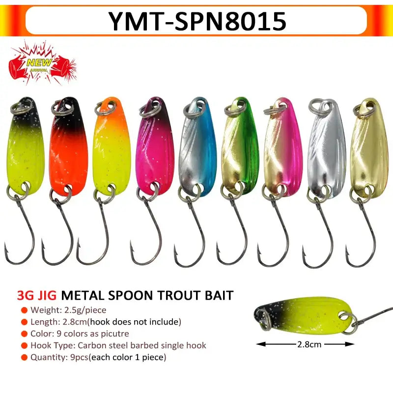Colorful 3g metal spoon trout bait lures, 9pcs selection, perfect for fishing trout and chub, weight 2.5g each.