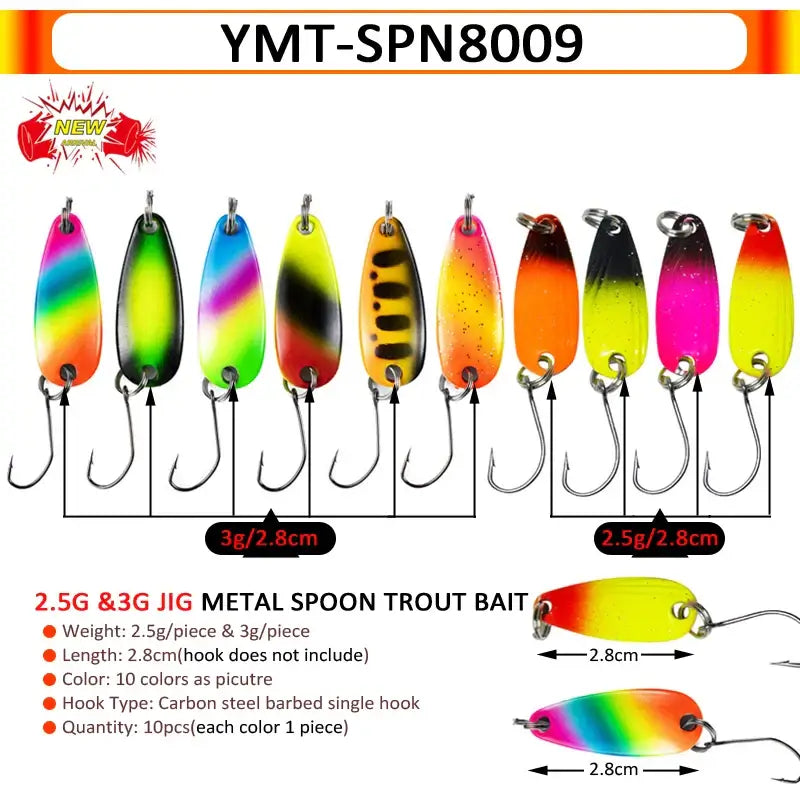 Colorful 2.5g/3g metal spoon trout bait lures for fishing, featuring vibrant designs for attracting chub and trout.
