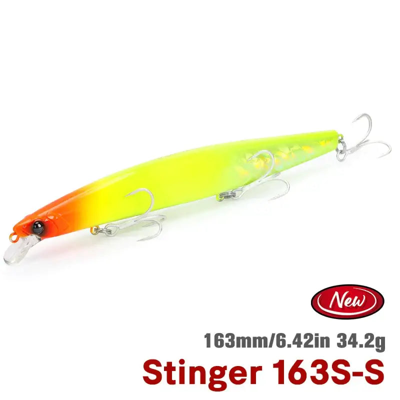 TSURINOYA STINGER 163S saltwater minnow 163mm 34.2g fishing lure with vibrant color and hooks.