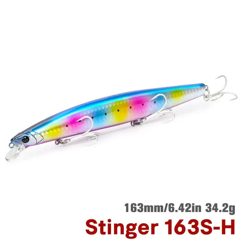 TSURINOYA STINGER 163S saltwater minnow lure, 163mm long, 34.2g, designed for long casting and aggressive predatory strikes.