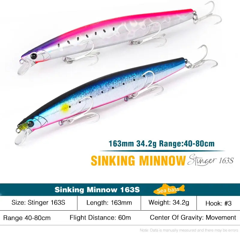 TSURINOYA STINGER 163S saltwater minnow lure, 163mm length, 34.2g weight, ideal for sea bass fishing.