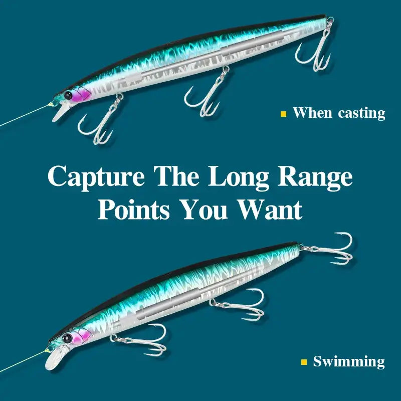 TSURINOYA STINGER 163S saltwater lure showcasing casting and swimming action in vibrant colors.