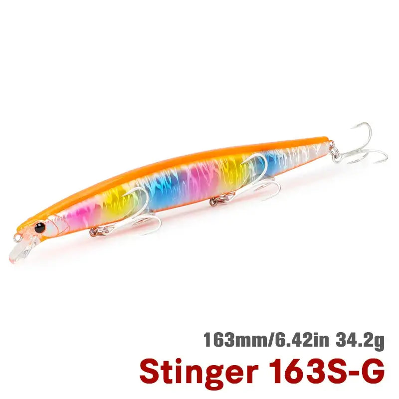 TSURINOYA Stinger 163S saltwater fishing lure, 163mm long and 34.2g, designed for long casting and mimicking baitfish.