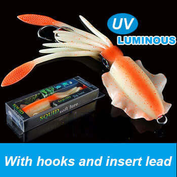 UVluminous Bionic Squid Fishing Lure with hooks, ideal for deep-sea fishing and attracting predatory fish.