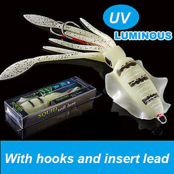 UVluminous Bionic Squid Fishing Lure with hooks and insert lead, ideal for deep sea boat fishing.