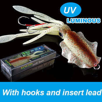 UVluminous Bionic Squid Fishing Lure with hooks and insert lead for deep-sea fishing and high visibility.