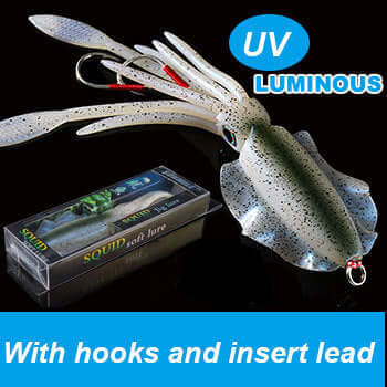 UVluminous Bionic Squid Fishing Lure with hooks and insert lead, ideal for deep-sea boat fishing.