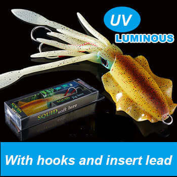 UV luminous bionic squid fishing lure with hooks in packaging for deep sea fishing.